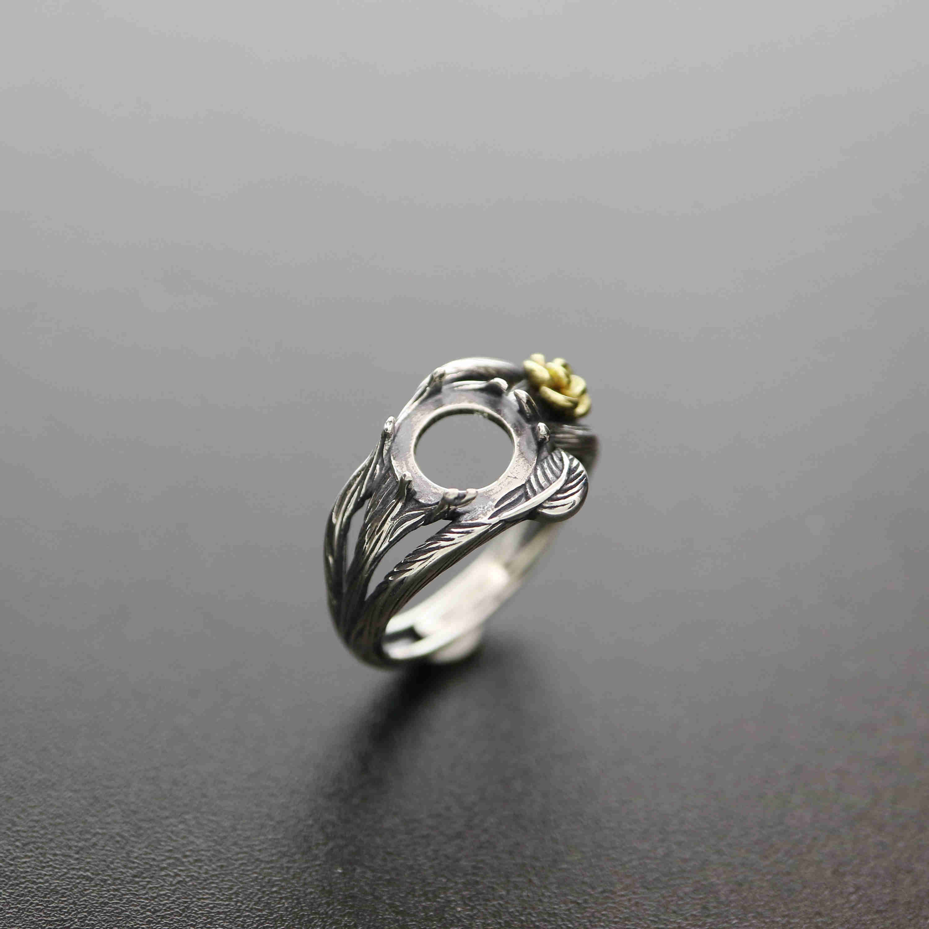 1Pcs 8MM Vintage Style Brass Flower Branch Round Cabochon Bezel Antiqued Solid 925 Sterling Silver Adjustable Ring Settings 1213050 - Click Image to Close